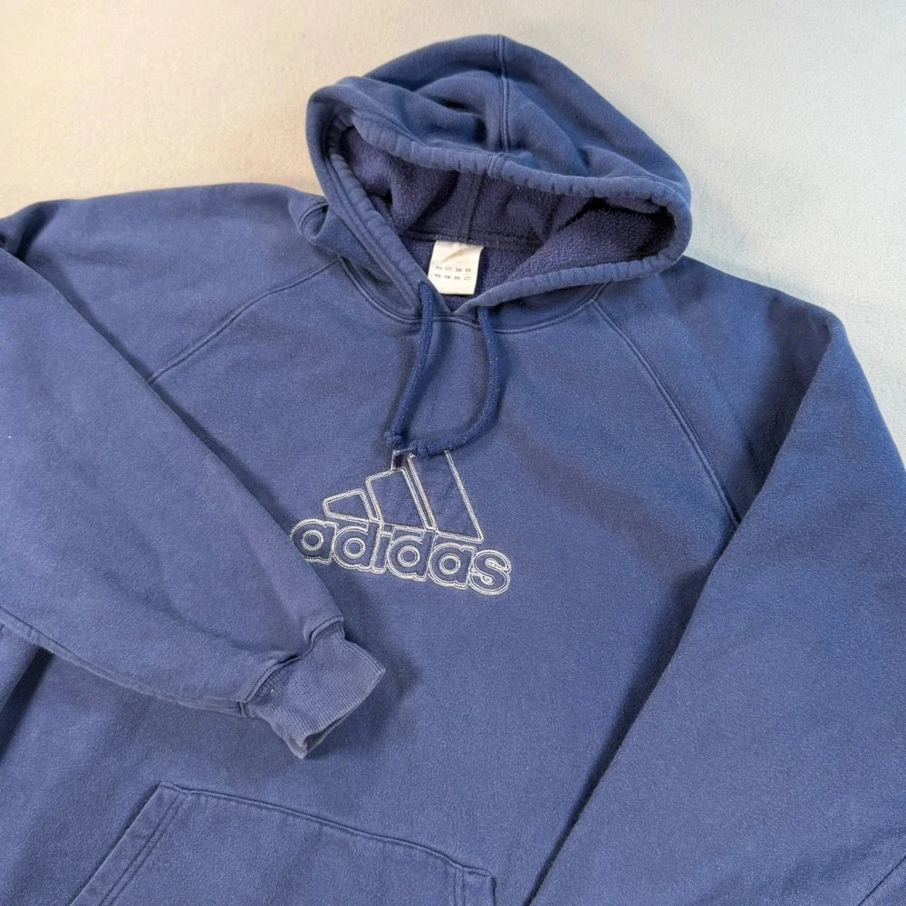 Adidas Mens Vintage Embroidered Logo Hoodie Navy Blue Fleece Pullover Large